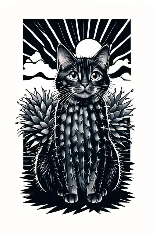 Simple Singe Line Catus And Setting Sun Rays