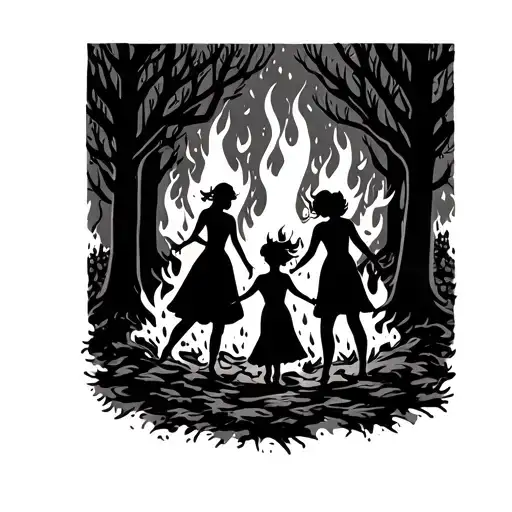 Women's Silhouettes Dancing Around Fire In A Black Forest
