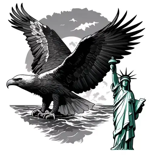 Sea Eagle And Totem Pole And Statue Of Liberty