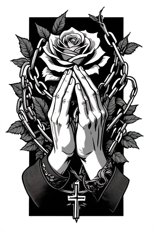 Praying Hands With Cross Chain Surronded And A Rose
