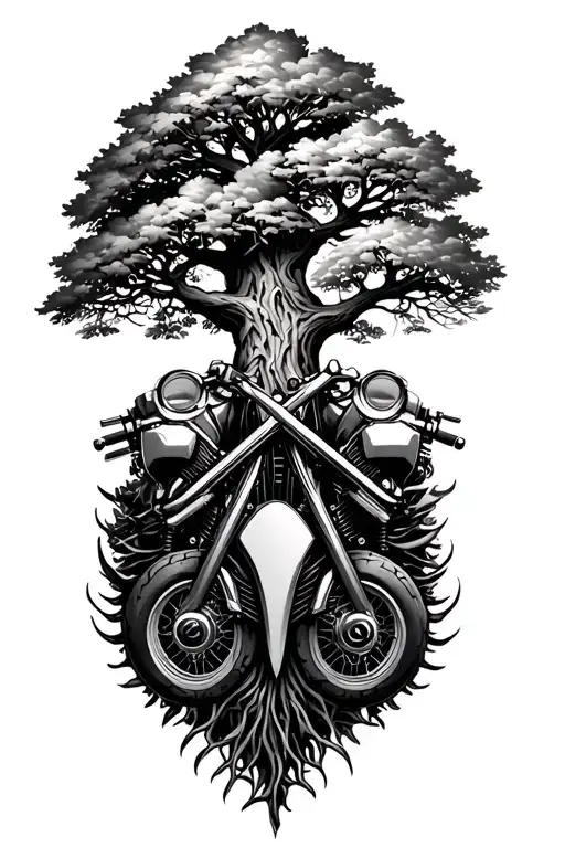 Tree Of Life Intertwined With V Twin Engine