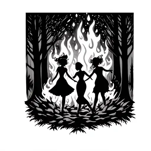 Women's Silhouettes Dancing Around Fire In A Black Forest