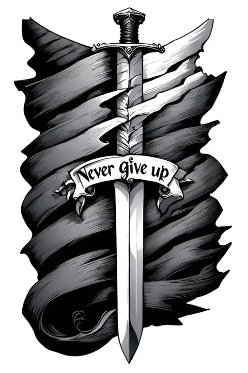 Sword Cut In Half That Says Never Give Up Connecting Both Half's Of The Sword