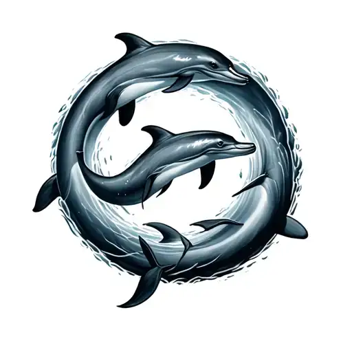 Five Dolphins Forming A Circle With 2 Dolphins In The Middle