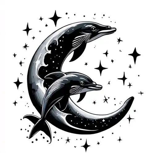 Small Moon With Dolphin Jumping And Stars