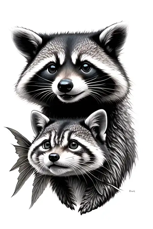 Raccoon And Catfish Realistic Black And Grey