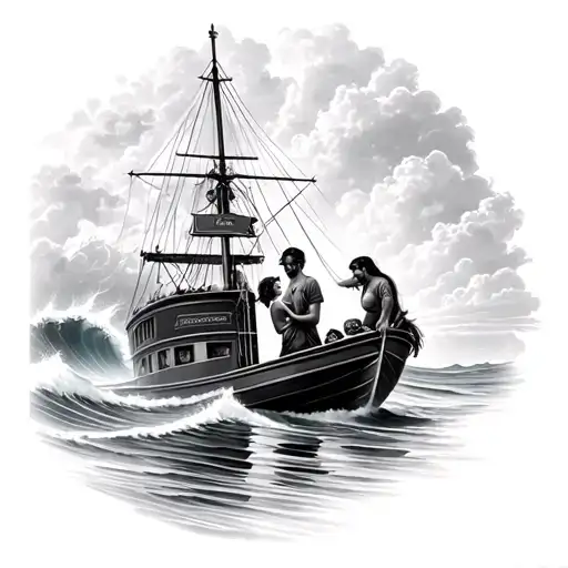 A Boat With A Huge Wave And Mom And Father Holding A Young Girl Lovingly