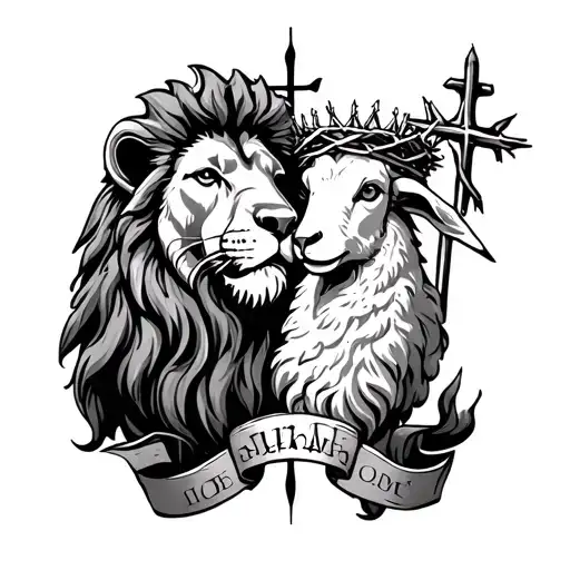 Lion Of Judah And A Lamb With A Crown Of Thorns With The Cross Between Them