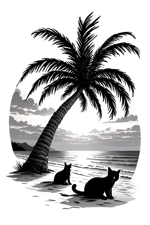 Palm Trees With Cat On The Beach Look At Sun Setting