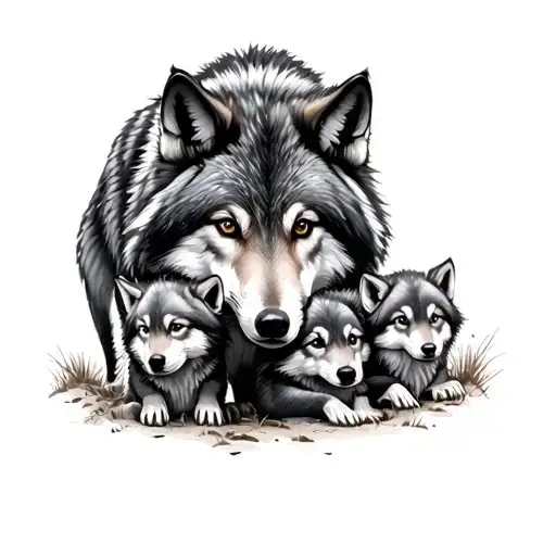 Mother Wolf Watching Three Wolf Pups Playing