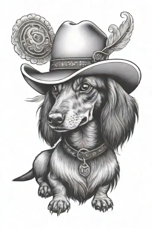 Long Haired Miniature Dachshund Head Wearing Cowboy Hat