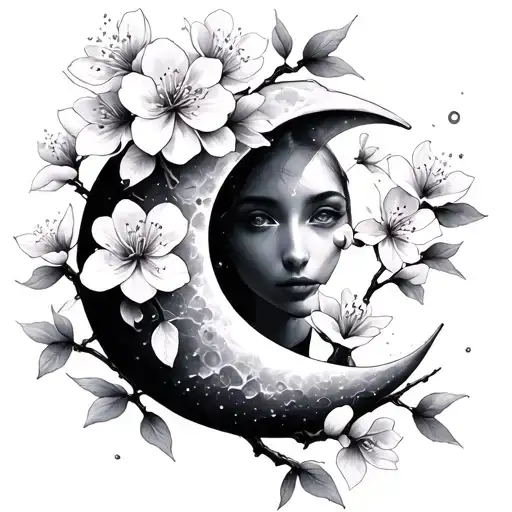 Moon And Cherry Blossom Flowers