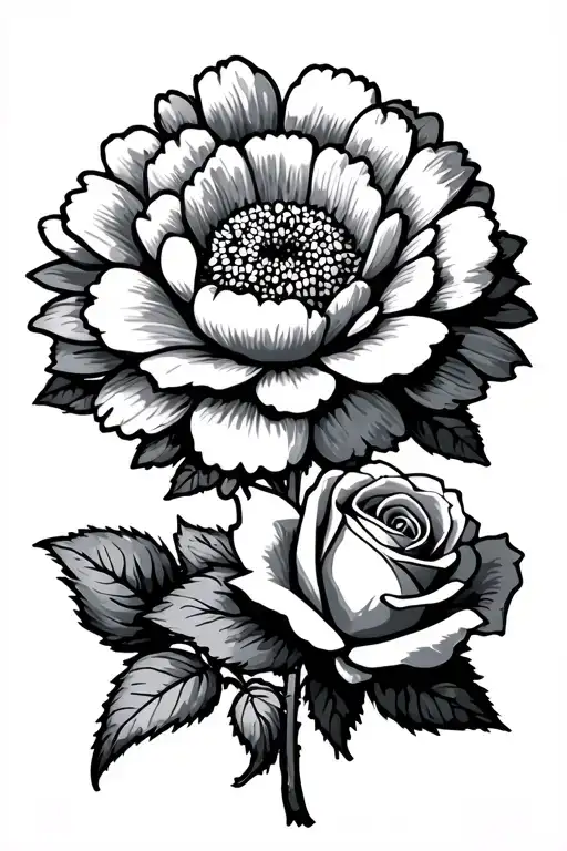 Marigold Flower With A Carnation And Rose Below It