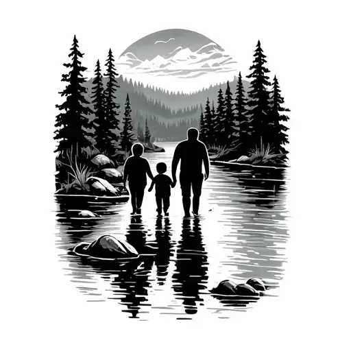 Parents With Son Walking Near River In Forest