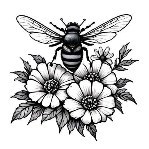 Flowers And A Bee Flying In A Line