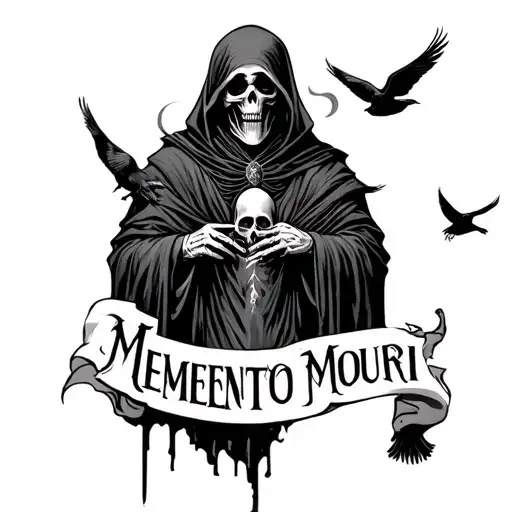 Grim Reaper With Memento Mori Letters And Ravens Flying