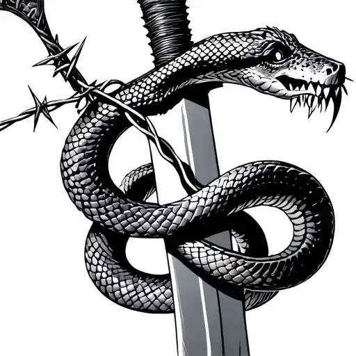 Snake Wrapping Around A Sword With Barbed Wire Coming Out Of Its Mouth