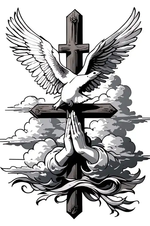 Cross With Clouds And A Dove With Praying Hands