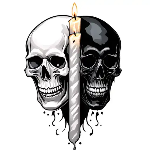 White Skull And Black Skull With Candle In The Middle