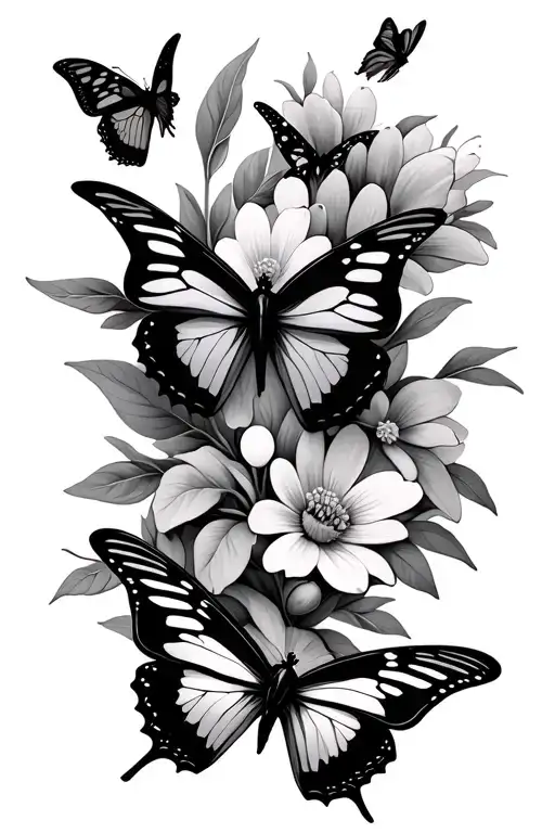 3 Butterflies Flying With Flowers Growing