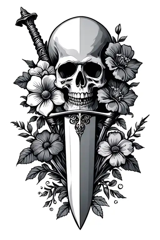 Skull Dagger And Flowers Growing