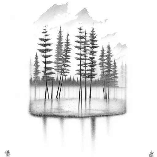 Forest With A Lake Reflection And Sunset