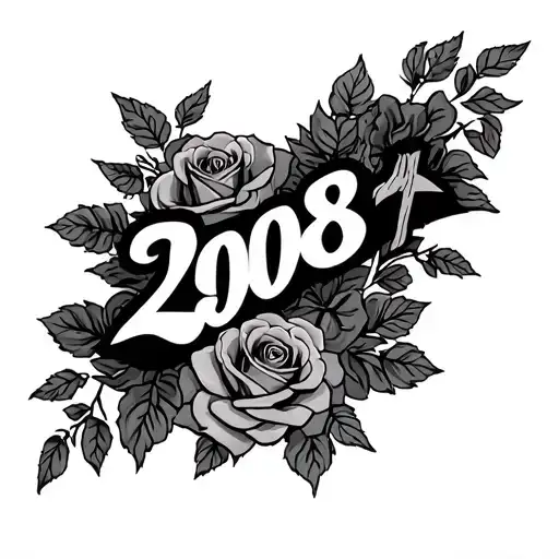 Half Arm Sleeve With 2008 In Gangsta Font Surrounded By Roses