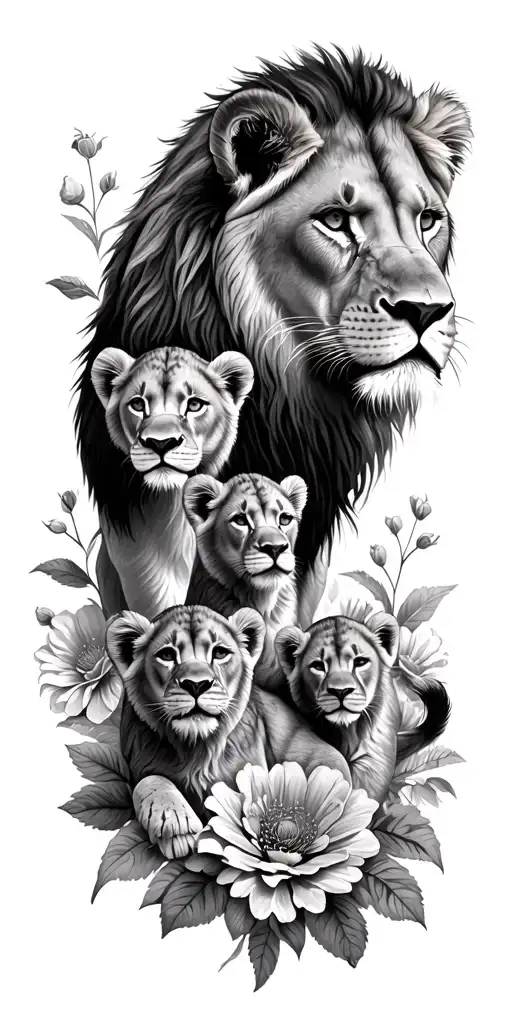 Lioness And 3 Cubs Surrounded By Flowers