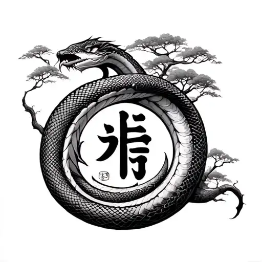 Ouroboros Snake Biting Its Own Tail And Posion Trees In The Middle The Kanji Love Sign Around It