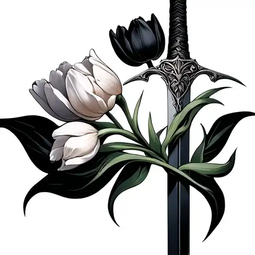 Fancy Sword With About 5 Tulips Wrapped On It Some Open Some Closed