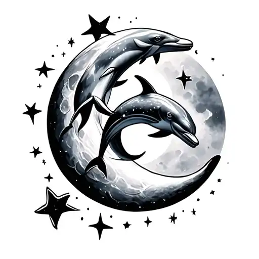 A Moon With Dolphin And Stars