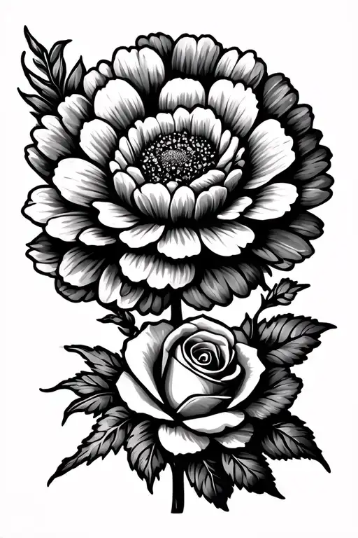 Marigold Flower With A Carnation And Rose Below It