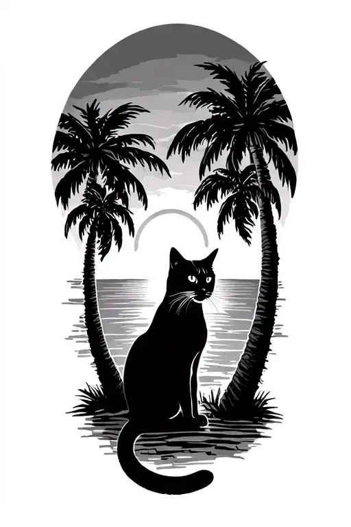 Palm Trees With Cat Looking At The Sun Setting