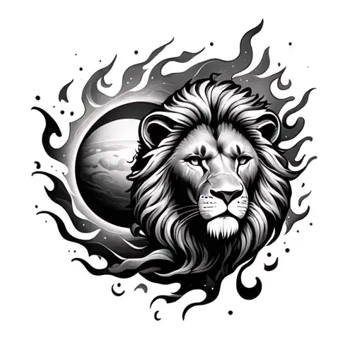 Sleeves Tattoo Flames With Planets And Lion Head