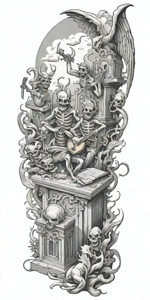 A Graveyard Scene With Demons Playing Musical Instruments