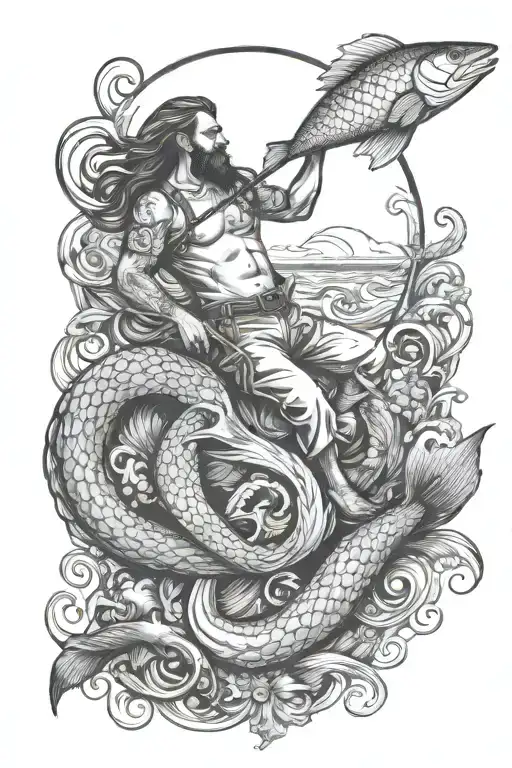 Fisherman With Mermaid With Octopus And Salmon