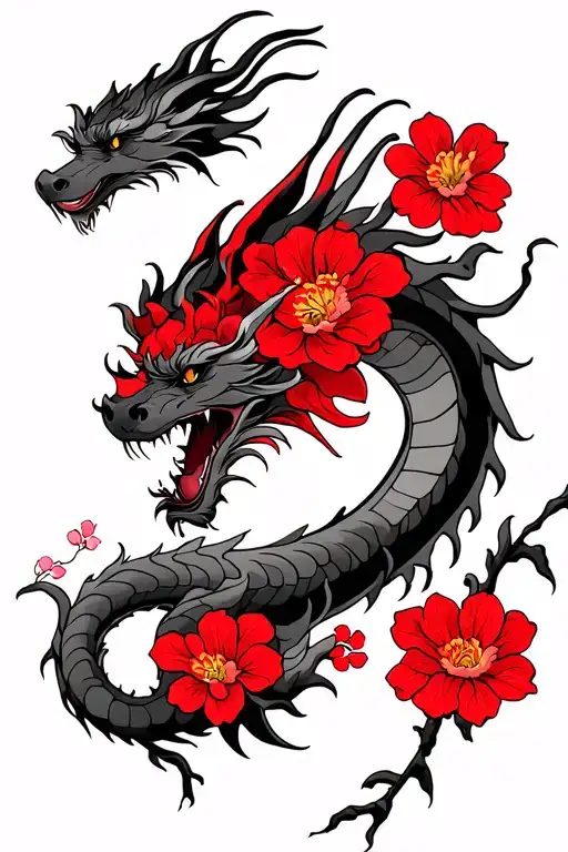 Dragon With Red Flower Blooming Cherry Blossom