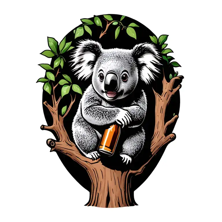 Koala Holding Beer Bottle On A Tree Growing