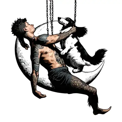 Boy Hanging From Man In The Moon Holding A Dog Wearing