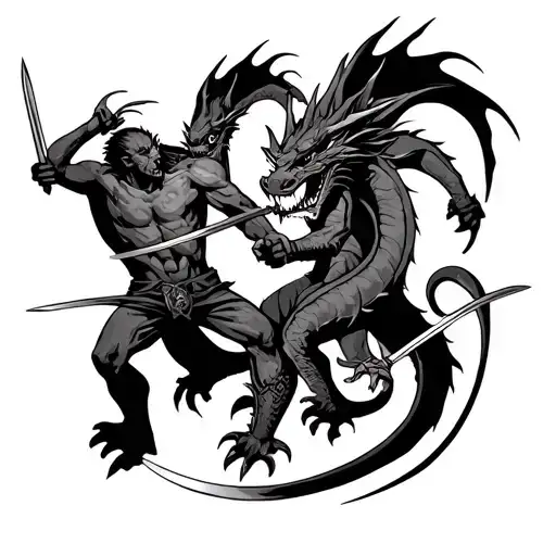 2 Stick Men With Swords Fighting A Dragon