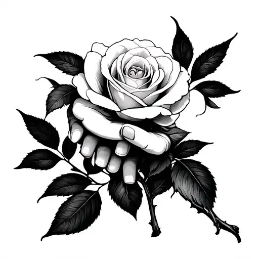 Hand Holding A Rose Stem Blooming Cherry Blossom