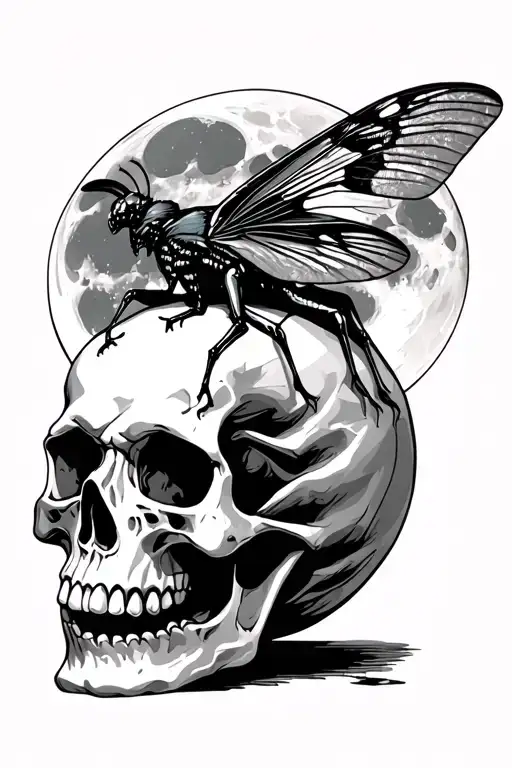 Skull Moth Sitting On A Skull With The Moon As Background