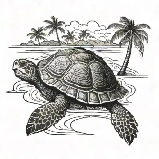 Turtle On A Beach With Palm Trees