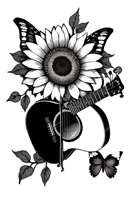 Half Sunflower Half Butterfly With Acoustic Guitar