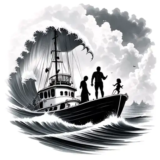 A Boat With A Huge Wave And Mom And Father Holding A Young Girl