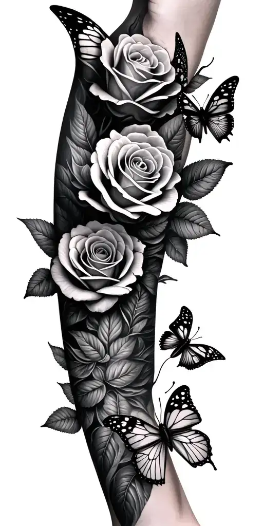 Red Roses Red Butterflies On Shaded Arm