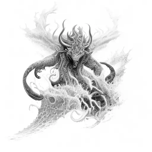 An Intricate Black And Grey Tattoo Of A Mythical Creature Emerging From Crashing Waves