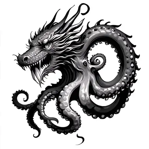 A Aggressive Octopus That Is Being Bitten From The Top By A Chinese Dragon