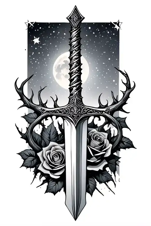 Sword With Rose Thorns Growing Into Night Sky Filled With Stars