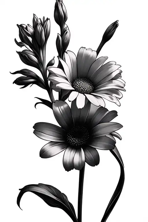 Birth Flower Gladiolus And Daisy With Stem Fineline